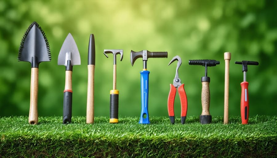 Wall-mounted pegboard displaying organized collection of essential lawn care hand tools