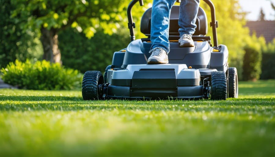 Homeowner assessing residential lawn layout and features while making mower purchasing decision