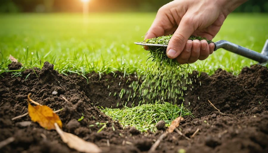 Hands scattering grass seed over freshly raked soil next to a dew-covered green lawn in soft autumn sunlight, with a blurred rake and a few fallen leaves in the background.
