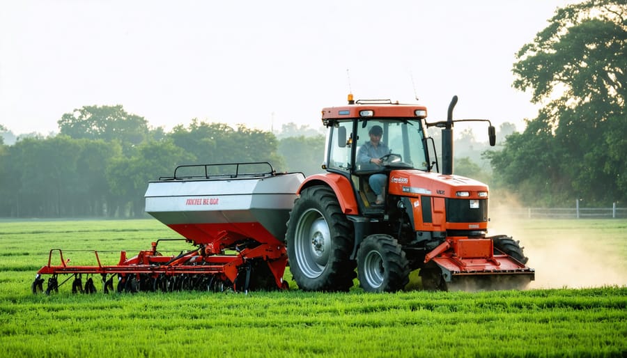 Overhead view of hands operating fertilizer spreader over green lawn