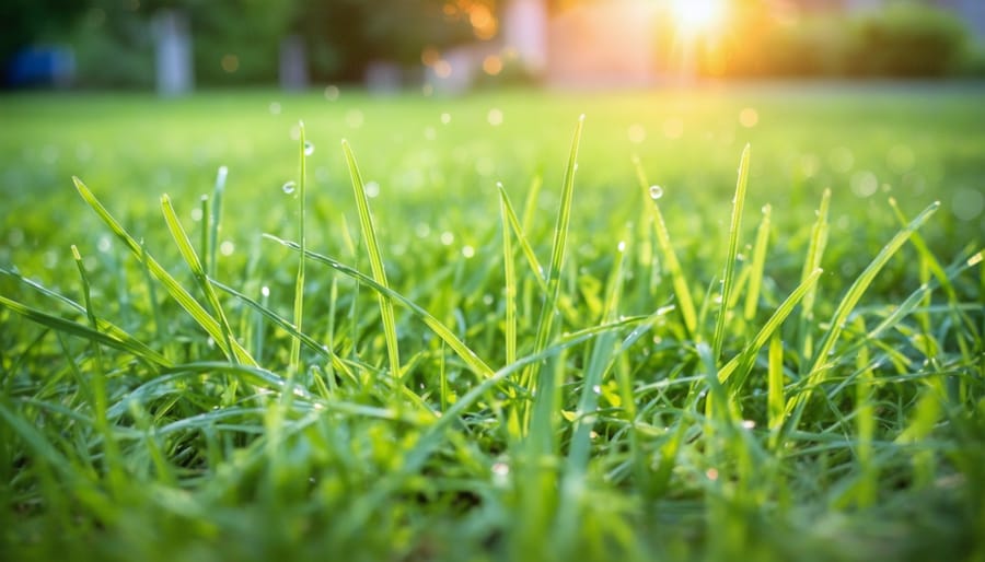 Ground-level close-up of dense green grass blades about four inches tall after mowing, lit by warm golden hour sun, with a blurred push mower and light sprinkler mist in a tidy suburban yard.