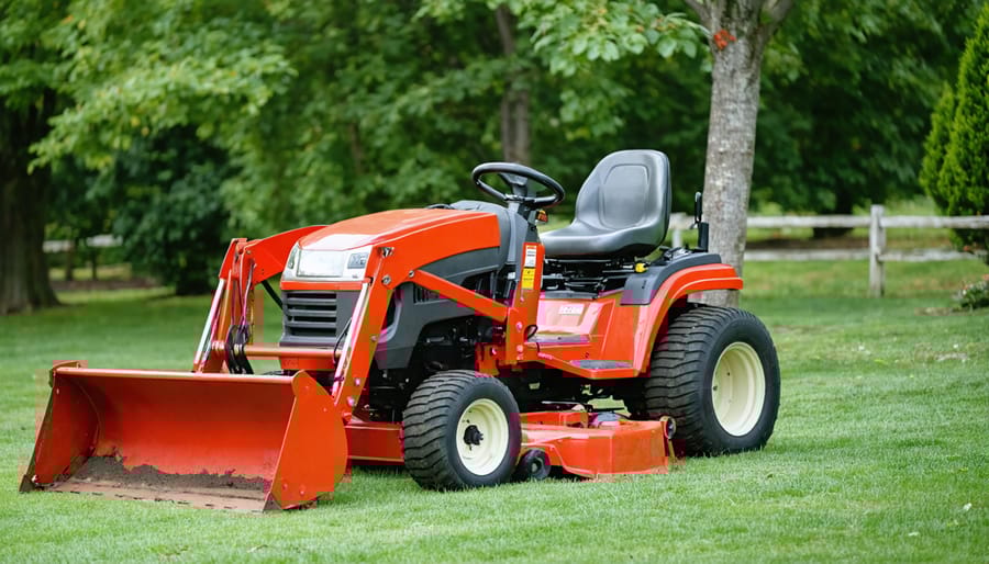 Garden tractor with front loader attachment working with soil