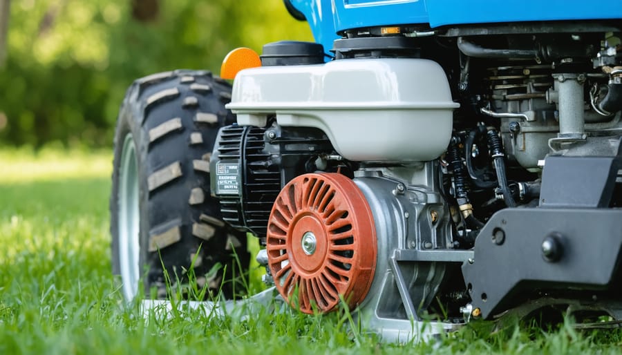 Close-up of garden tractor engine and transmission components
