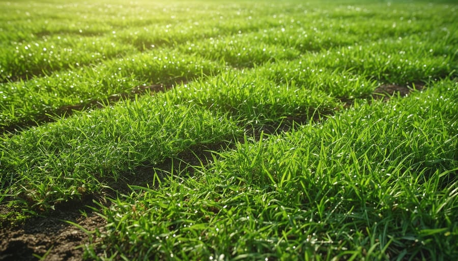 Close-up of newly sprouted grass seedlings with water droplets emerging from soil