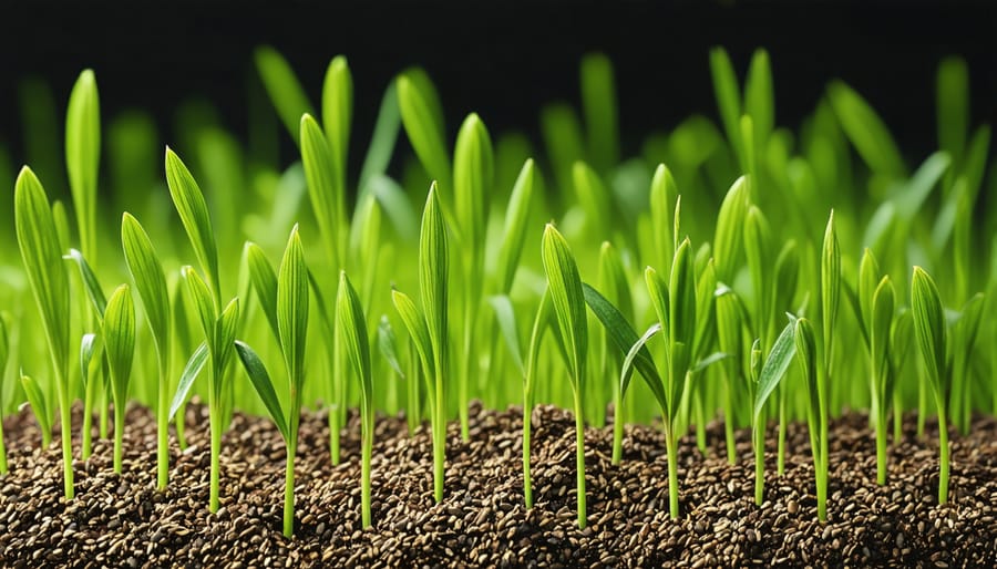 Close-up of grass seeds germinating with white shoots emerging from soil