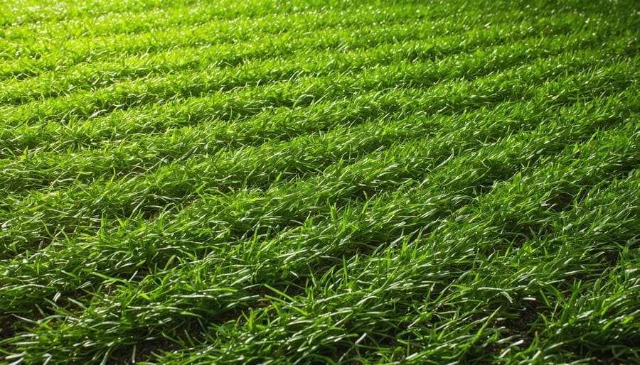Close-up of new grass seedlings sprouting through soil with water droplets