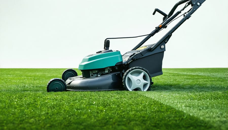 Overhead view of hands installing lawn mower blade in correct position on mower deck