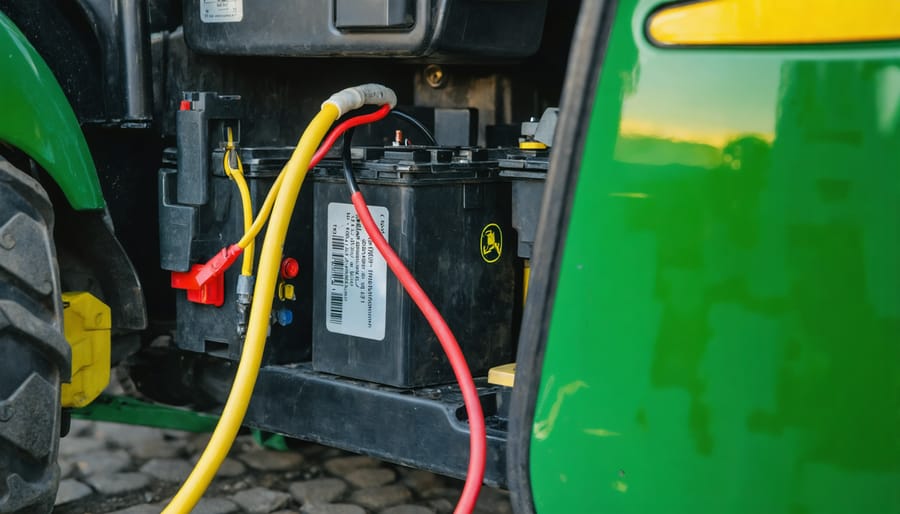 Close-up view of John Deere tractor battery and electrical connections in engine compartment