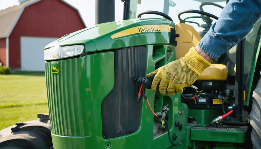 Green and yellow John Deere compact tractor with hood open while a gloved hand inspects the fuel line and battery cables; blurred barn and pasture in the background under soft daylight.