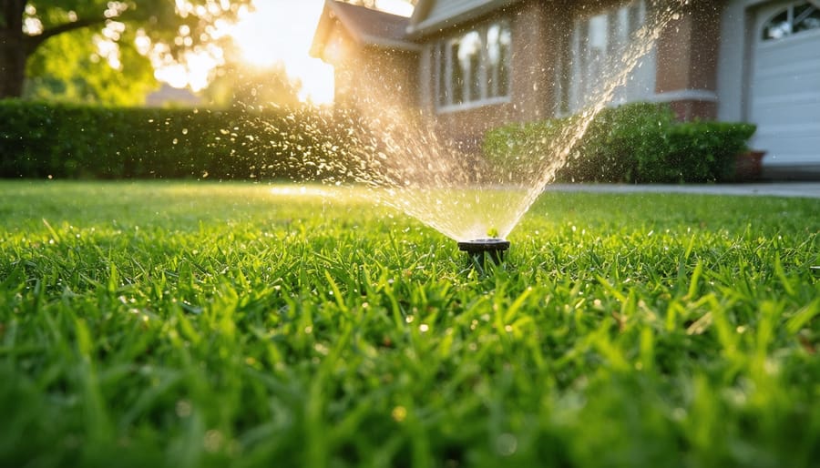 Low-angle view of lush zoysia grass being watered by an oscillating sprinkler at sunrise, dewdrops sparkling in warm light, with a softly blurred suburban home and push mower in the background.