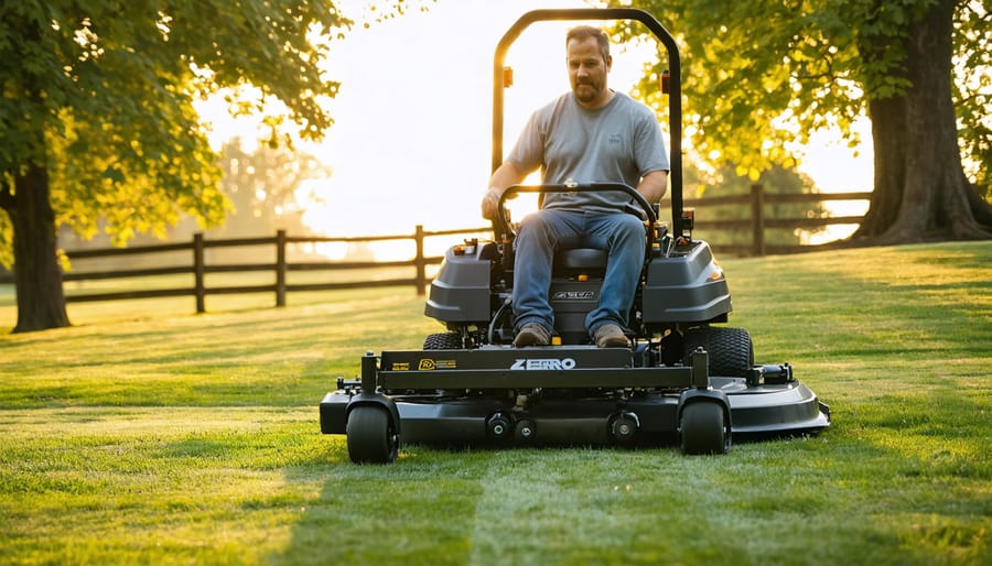 Commercial-grade zero-turn mower with extra-wide deck mowing a large, open property at golden hour, seen from a low three-quarter angle with softly blurred trees, garden beds, and a fence line in the background.