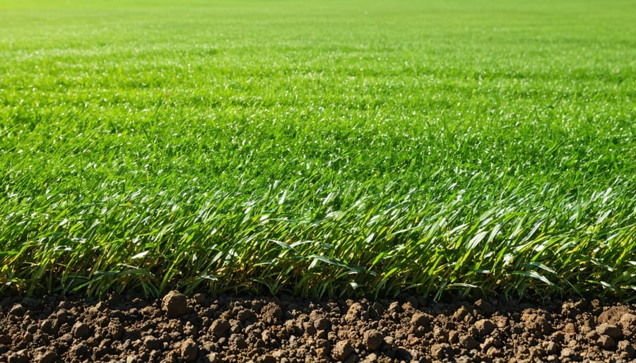 Lawn aerator creating rows of soil plugs on green grass showing aeration process