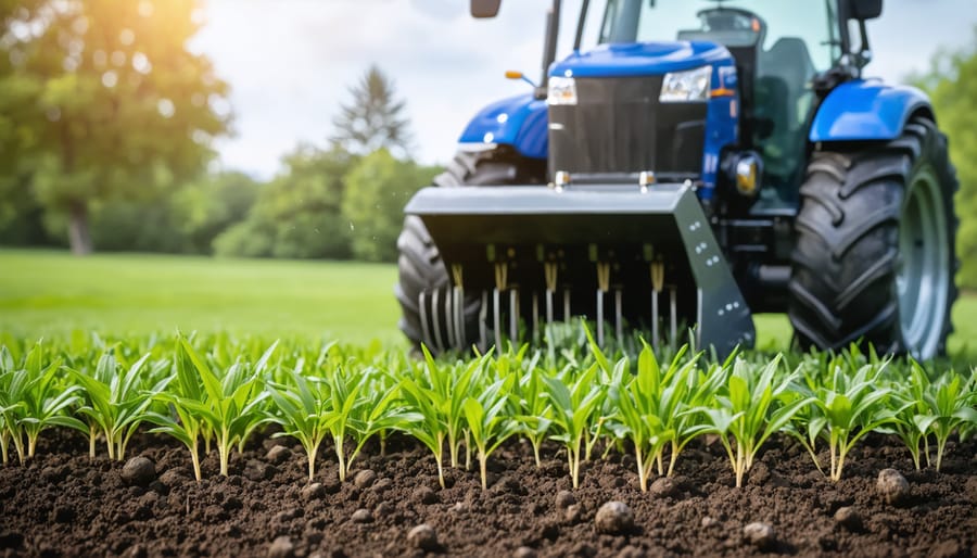 Core aerator tool creating holes in lawn with visible soil plugs on grass surface