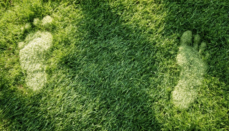 Hand pressing footprint into lawn grass showing early signs of water stress