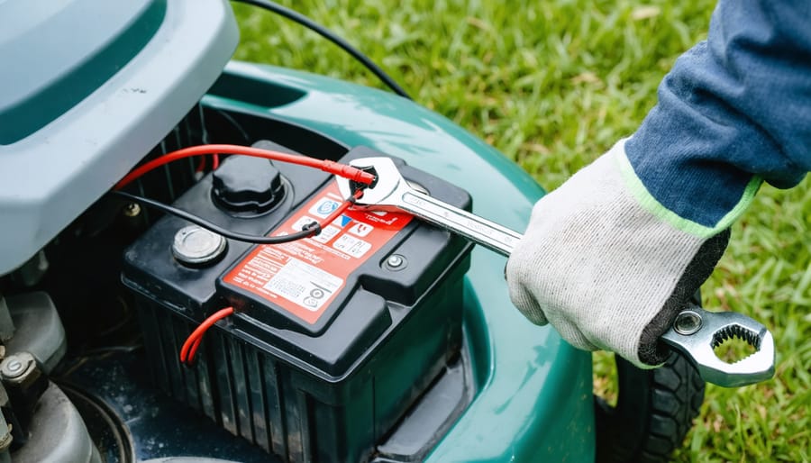 Close-up of a lawn mower battery showing a red cable on the positive terminal and a black cable on the negative terminal, with a gloved hand using a wrench to tighten the clean connection; blurred mower chassis and green lawn in the background.