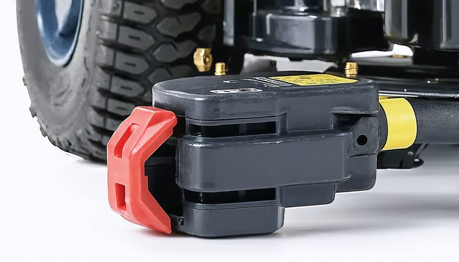 Close-up view of lawn mower battery showing red positive and black negative terminal connections