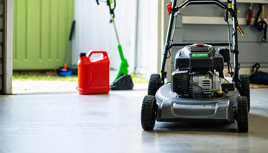 Walk-behind lawn mower on a garage floor with a red gas can and small motor oil bottle beside it; a string trimmer and hanging tools are softly blurred in the background.