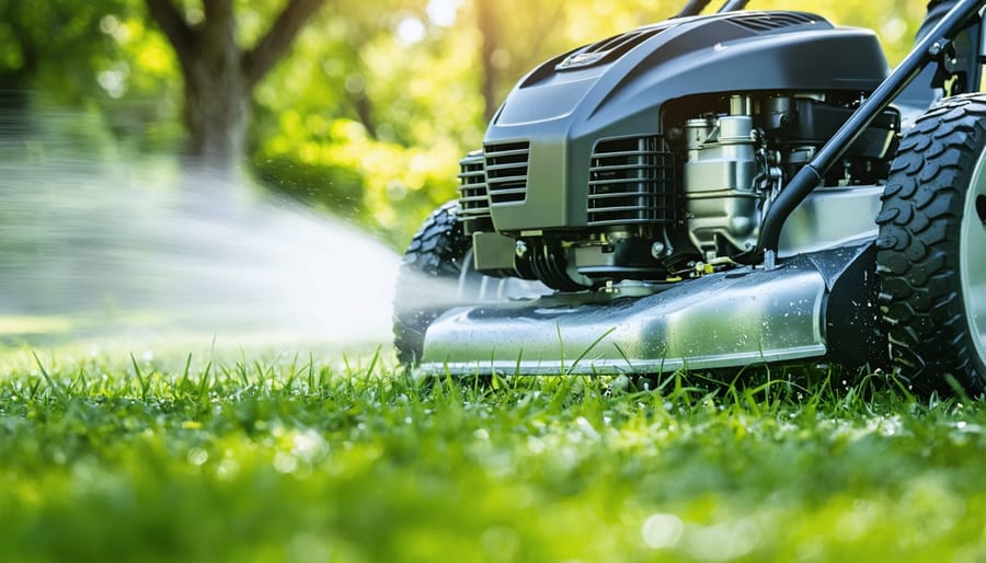 Lawn mower engine with separate gas can and oil bottle on workbench