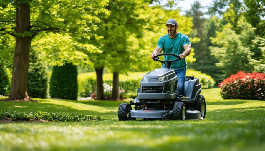 Three types of lawn mowers including push, self-propelled, and riding models on grass