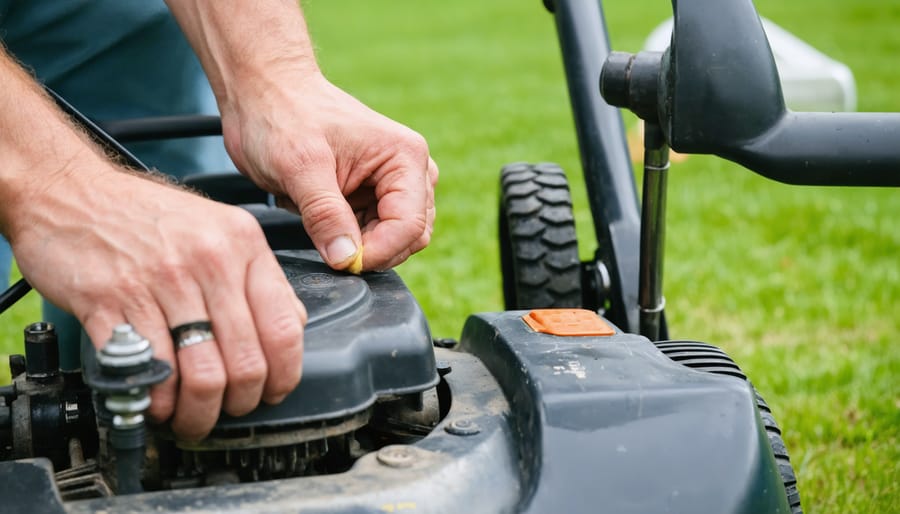 Close-up of a person grounding a removed spark plug against a gas lawn mower’s engine, open air filter housing visible, with blurred tools and a fuel can in the background under bright overcast light.