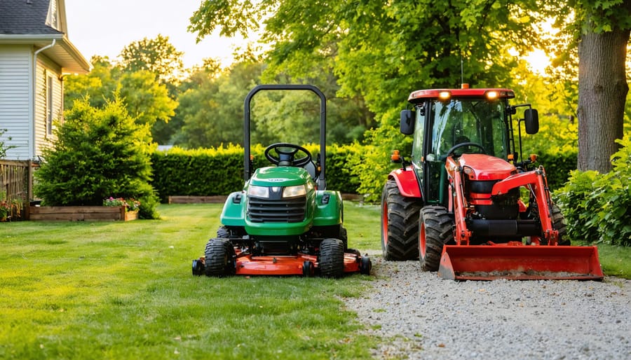 Compact lawn tractor parked beside a larger garden tractor with rear tiller in a mixed yard of grass, gravel driveway, and raised beds at golden hour