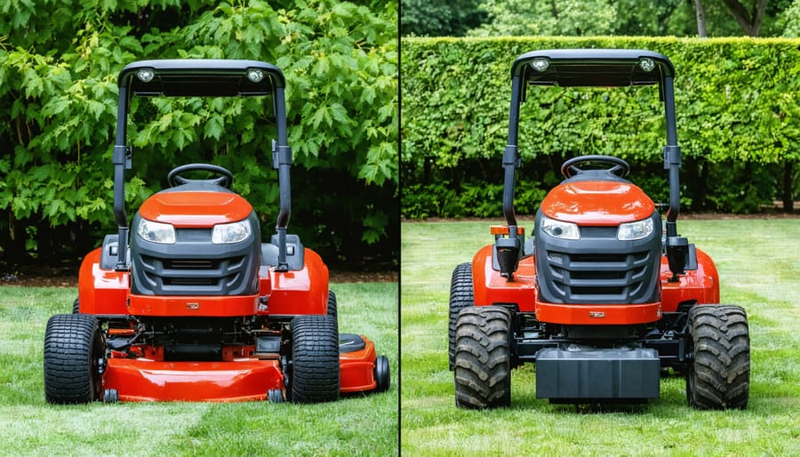 Lawn tractor and garden tractor positioned side by side showing size differences