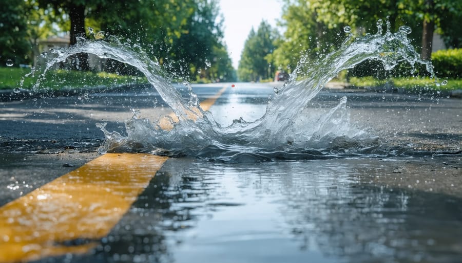 Lawn sprinkler system with water runoff flowing onto driveway and street