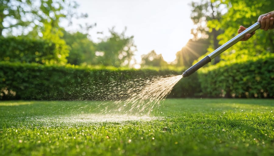 Healthy green lawn being watered by sprinkler with water droplets catching sunlight