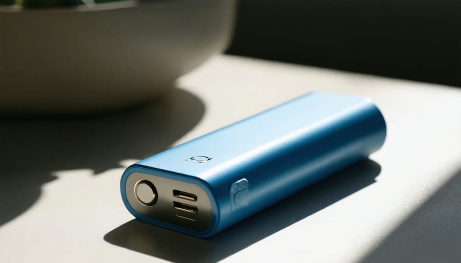 Close-up of hands installing lithium-ion battery pack into electric lawn mower