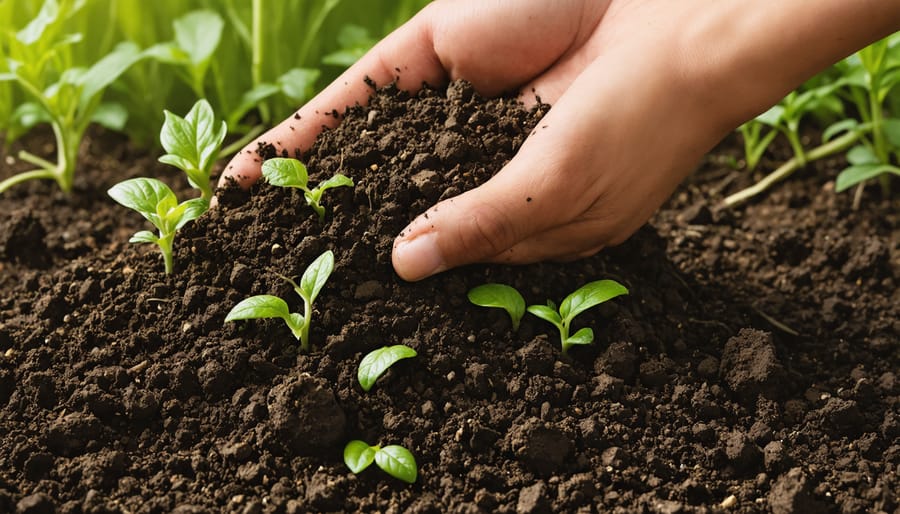 Close-up of rich compost soil showing earthworms and beneficial microorganisms