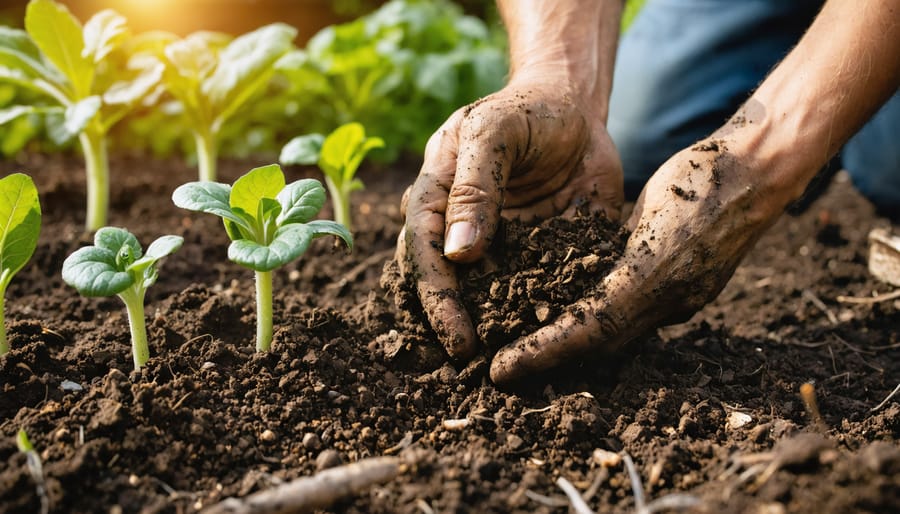 Close-up of hands spreading dark compost and leaf mold around young vegetable seedlings, with visible earthworms and fine fungal mycelium in rich soil, lit by warm golden-hour light, blurred garden rows and a watering can behind.