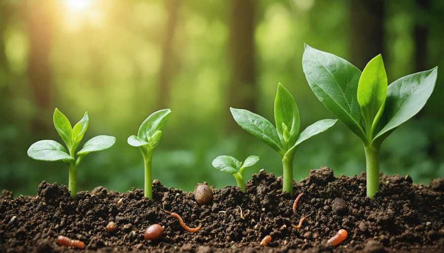 Close-up of dark nutrient-rich soil held in hands showing texture, earthworm, and organic matter