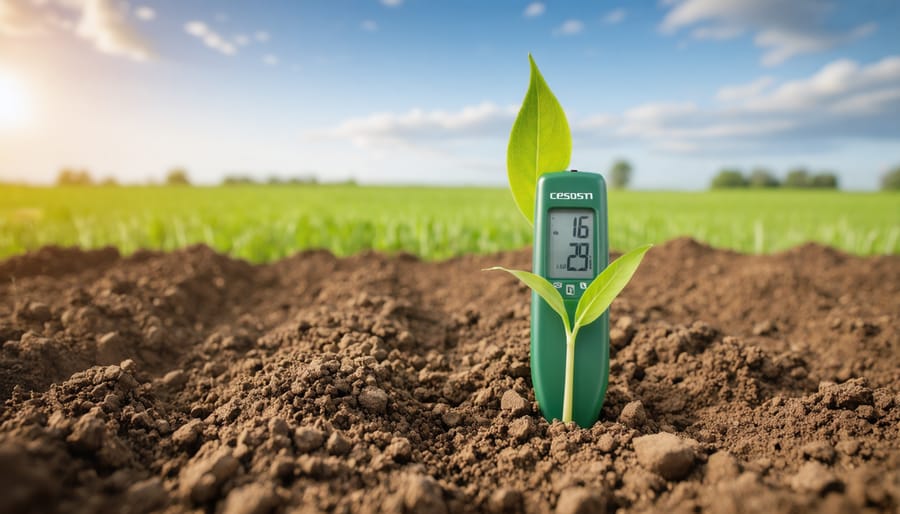 Homeowner measuring soil temperature in lawn with probe thermometer