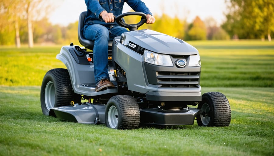 Red riding lawn mower stored in home garage with maintenance tools