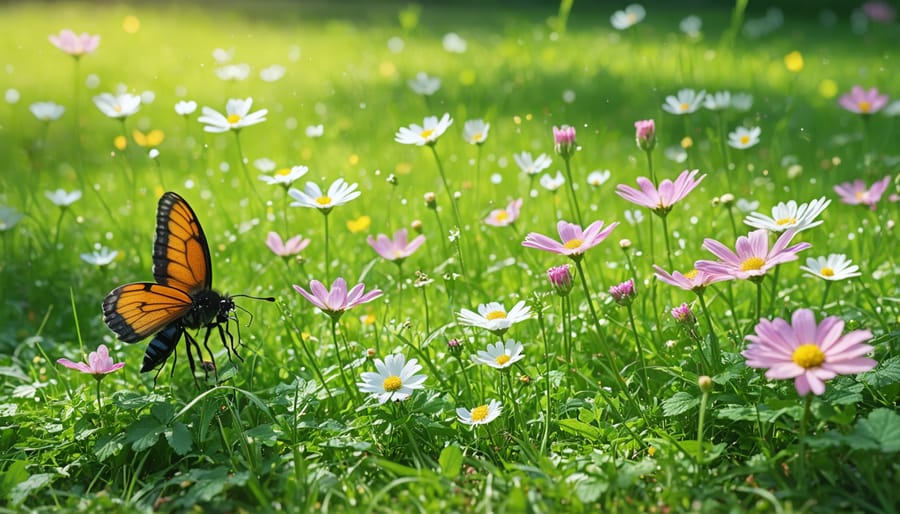 Residential lawn featuring native wildflowers and ornamental grasses mixed with traditional turf