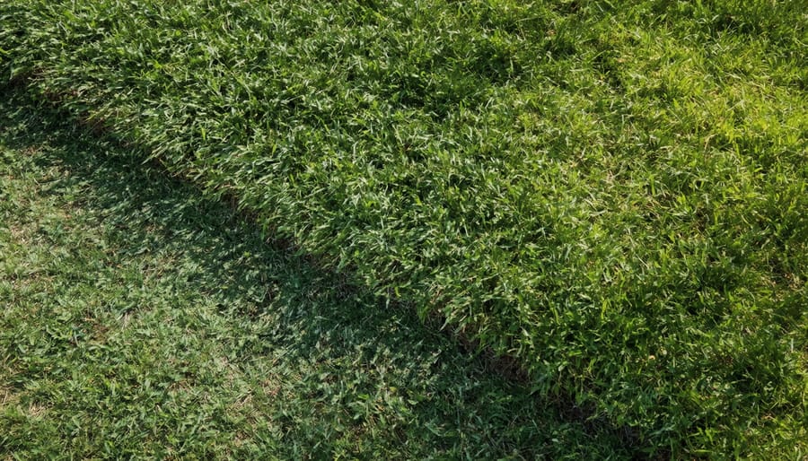 Close-up of riding mower mulching kit blades cutting grass with clippings dispersing