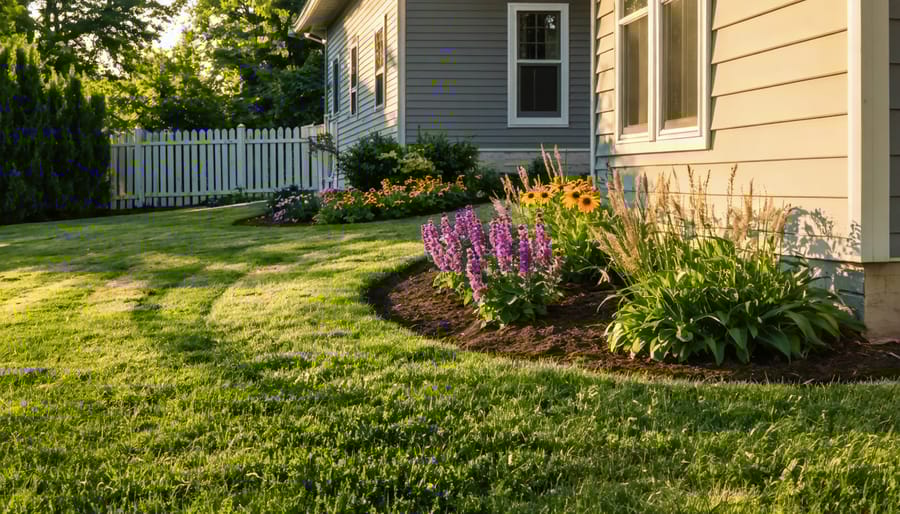 Residential front yard with a curved native plant border—clusters of purple coneflower, black-eyed Susan, and native grasses—blending into a trimmed lawn with a mulched transition, house and walkway softly blurred in warm golden light.