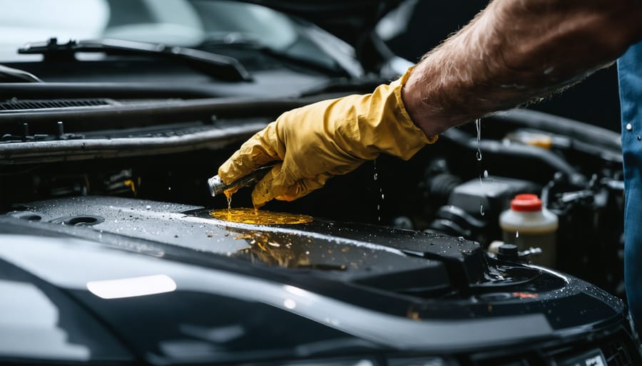 Close-up of hands replacing oil filter during tractor maintenance