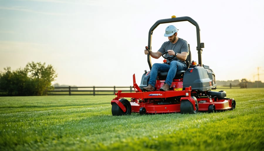 Close-up of riding lawn mower operator presence control and safety switch mechanism
