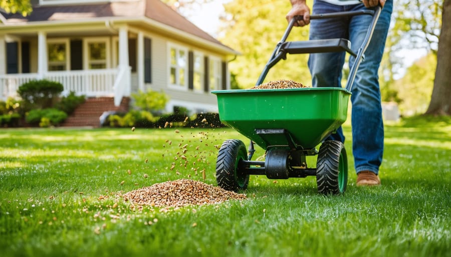 Low-angle photo of a person pushing a broadcast spreader while organic fertilizer granules scatter over a lush spring lawn in warm side light, with a blurred suburban house, budding trees, and a coiled hose in the background.