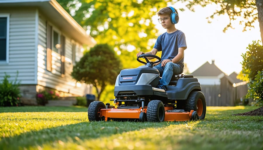 Parent supervising a teenage boy on a stationary riding lawn mower, demonstrating the controls while the teen wears ear and eye protection, in a backyard with house and trees softly blurred in the background.