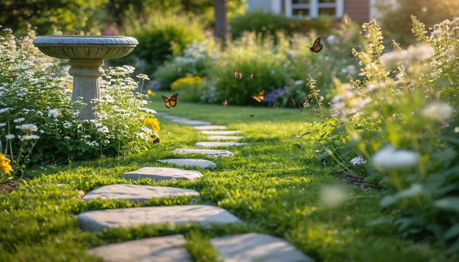 Suburban yard with a curving mown path through tall native wildflowers and white clover, a shallow birdbath with stones by the blooms, bees and a monarch butterfly visible, and a softly blurred house and trees at golden hour.