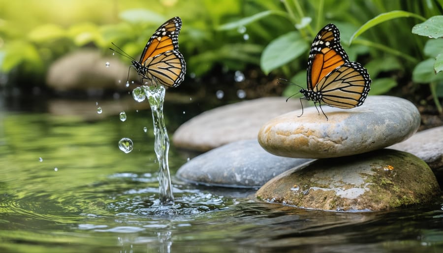 Butterfly drinking from shallow dish water feature with stone landing platforms