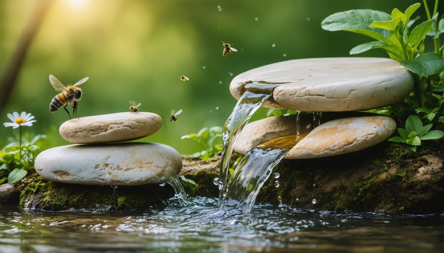 Butterfly drinking from shallow water dish with pebbles in pollinator garden