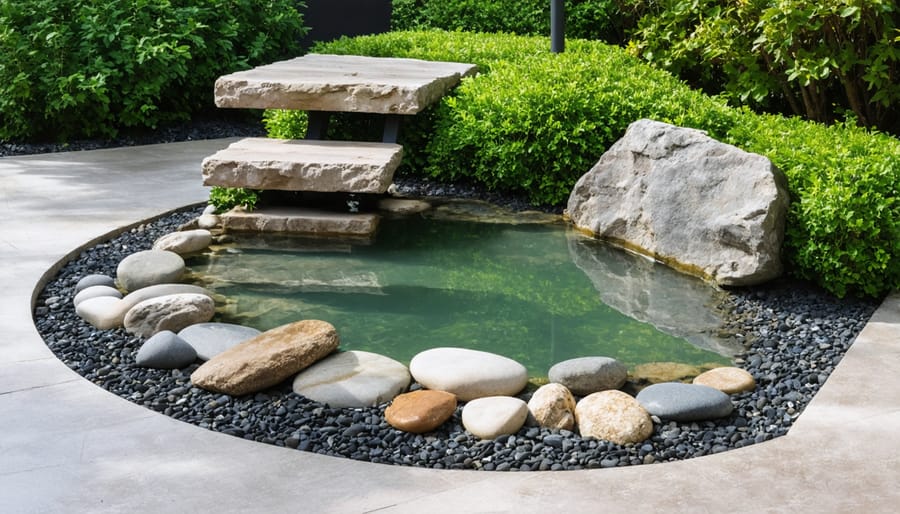 Butterfly drinking from shallow water dish with stones in garden setting
