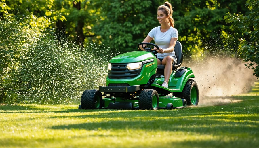 4WD riding mower on expansive lawn with rolling terrain in background