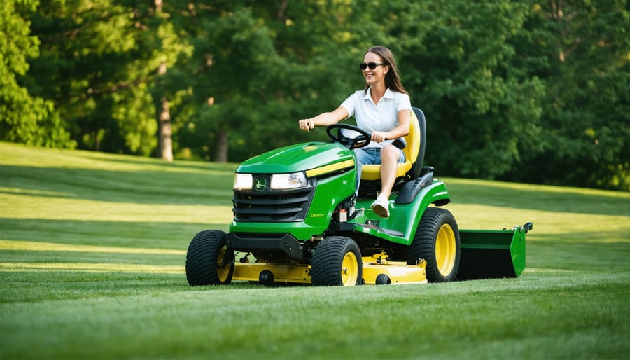 John Deere riding lawn mower in operation on residential property