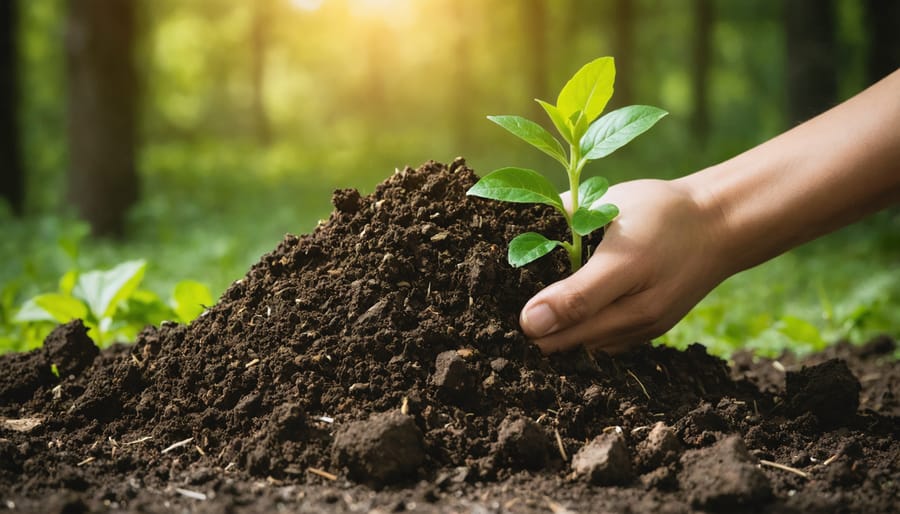 Close-up of hands holding rich dark compost showing texture and organic matter
