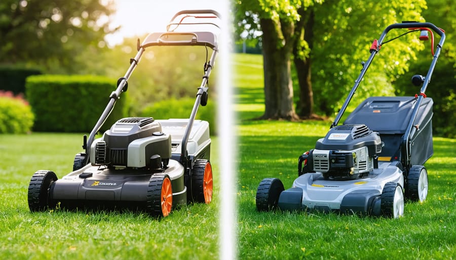 Side-by-side comparison of well-maintained quality lawn mower next to worn budget model