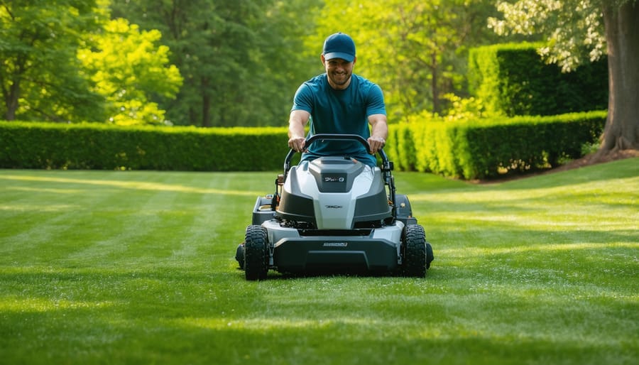 Person using quiet battery-powered lawn mower in early morning suburban neighborhood